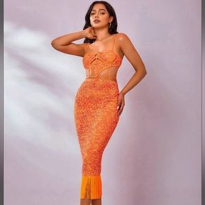 Like new Fringe Midi Bustier Corset Knit Dress Party Orange Boho Fun Sexy